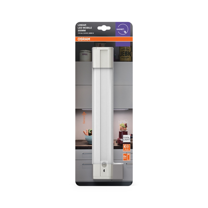 Osram - Luminária LED sob armário com sensor de movimento e sensor crepuscular LINEARLED LED/2,9W/9V 6xAA 4000K 31,4 cm branca