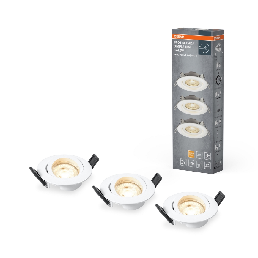 Osram - Conjunto de 3 spots de embutir LED reguláveis SPOT LED/4,9W/230V 2700K Ø 8,7 cm brancos
