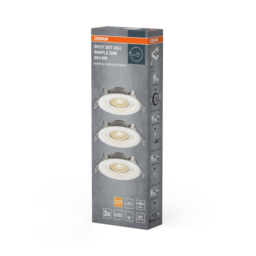 Osram - Conjunto de 3 spots de embutir LED reguláveis SPOT LED/4,9W/230V 2700K Ø 8,7 cm brancos