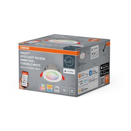 Osram - Luminária SMART+ de embutir LED RGB regulável, 4,5W/230V, 3000-6500K, Wi‑Fi