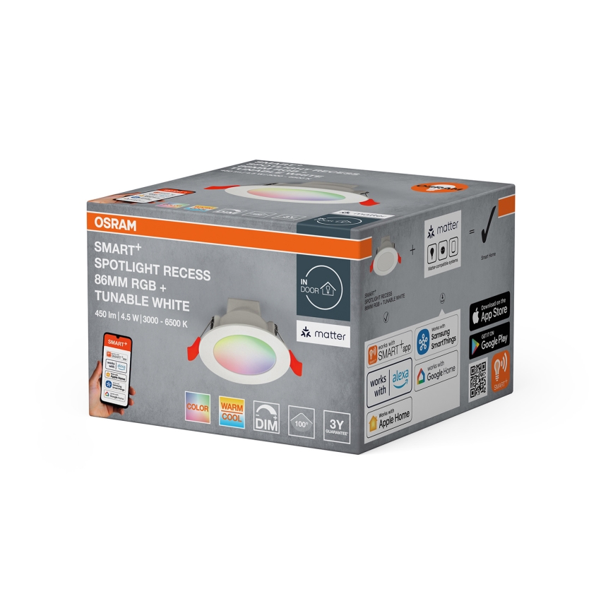 Osram - Luminária SMART+ de embutir LED RGB regulável, 4,5W/230V, 3000-6500K, Wi‑Fi