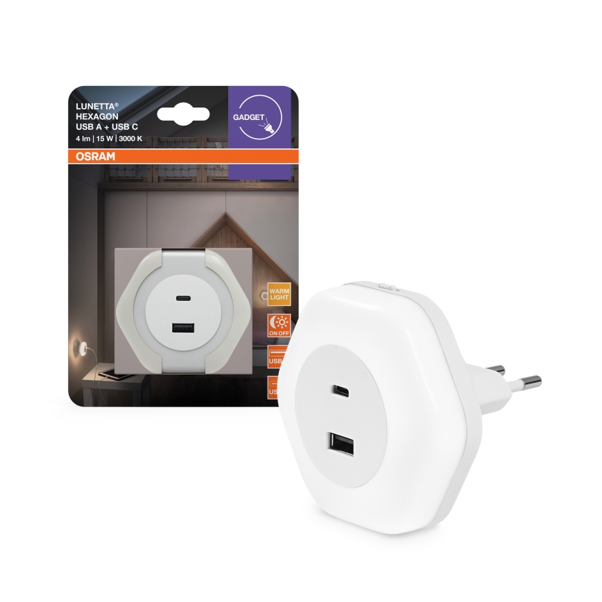 Osram - Luz de presença LED de tomada com USB LUNETTA LED/15W/230V branca