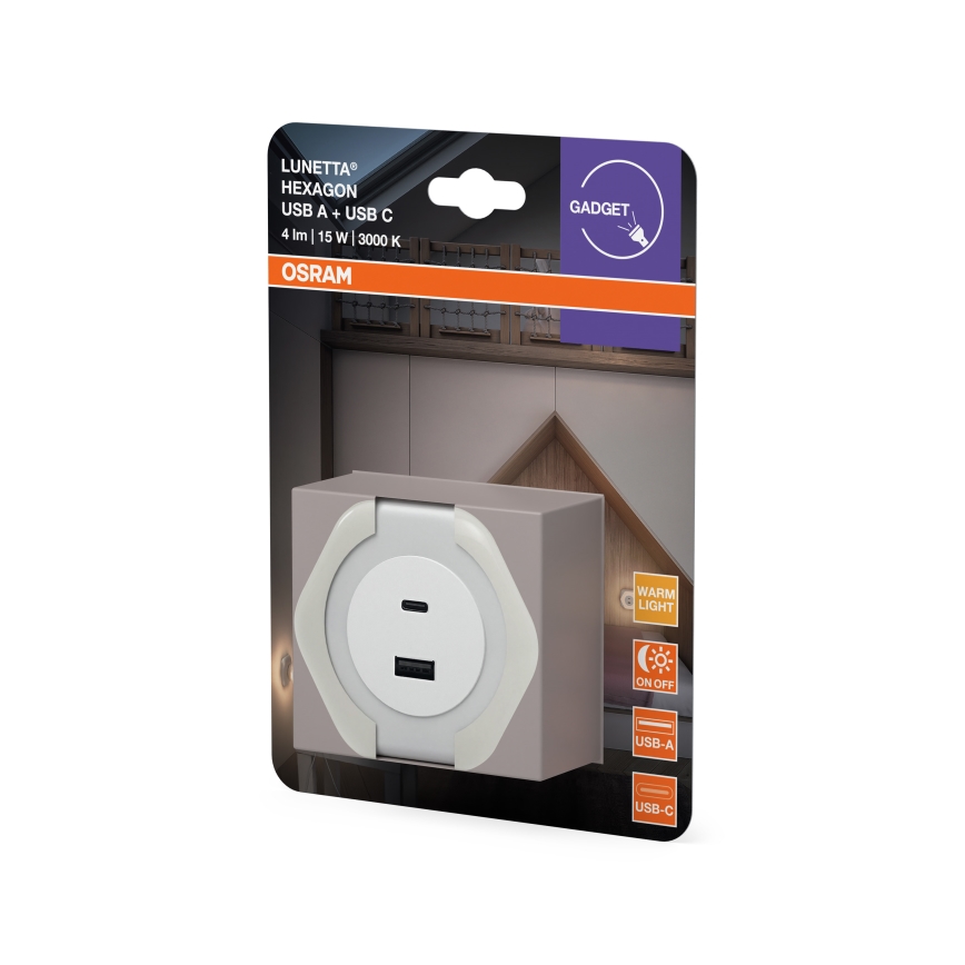 Osram - Luz de presença LED de tomada com USB LUNETTA LED/15W/230V branca