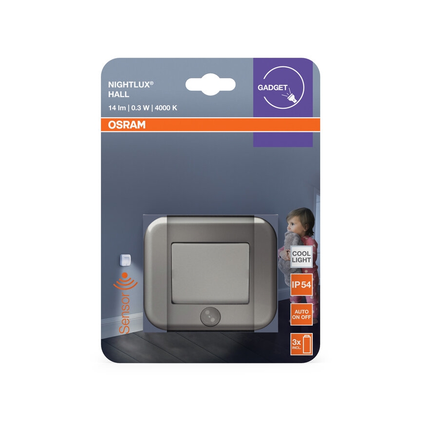 Osram - Luz noturna orientadora LED com sensor NIGHTLUX LED/0,3W/3xAAA IP54 prateada