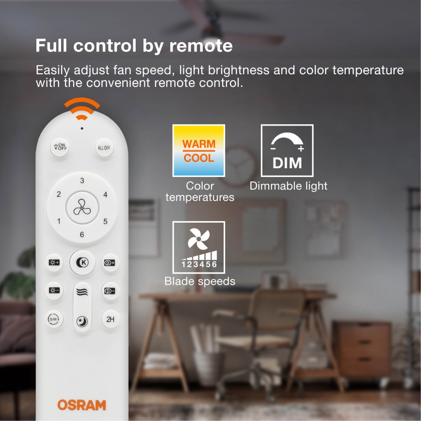 Osram - Candeeiro de teto LED dimerizável com ventilador PONIENTE LED/36W/230V 3000/4000/6500K + comando remoto