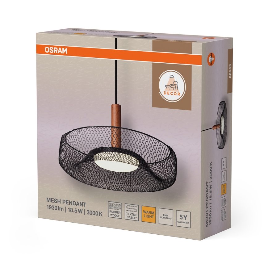 Osram - Lustre LED suspenso por cabo DECOR MESH LED/18,5W/230V Ø 40 cm preto/madeira de seringueira