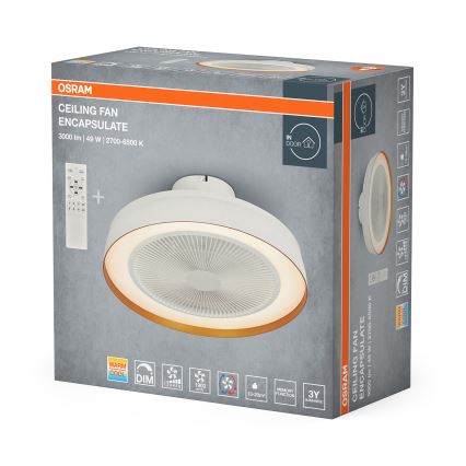 Osram - Candeeiro de teto LED regulável com ventilador, 49W/230V, 2700-6500K, branco/dourado + comando remoto