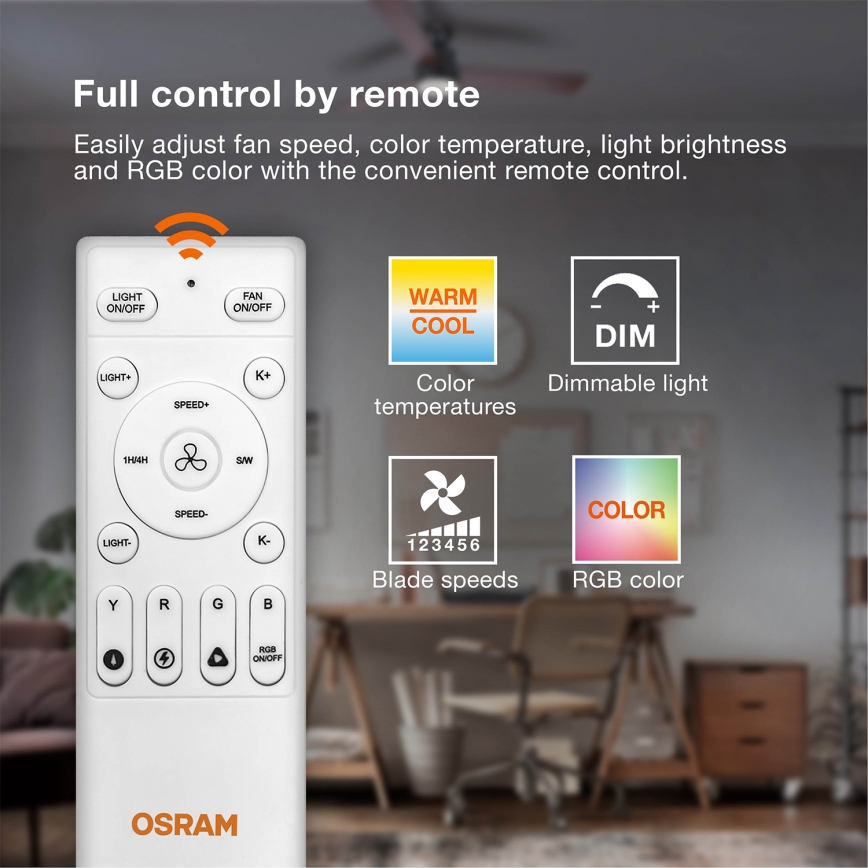 Osram - Ventilador de teto LED RGB regulável NORDES LED/18W/230V 3000-6500K + controlo remoto