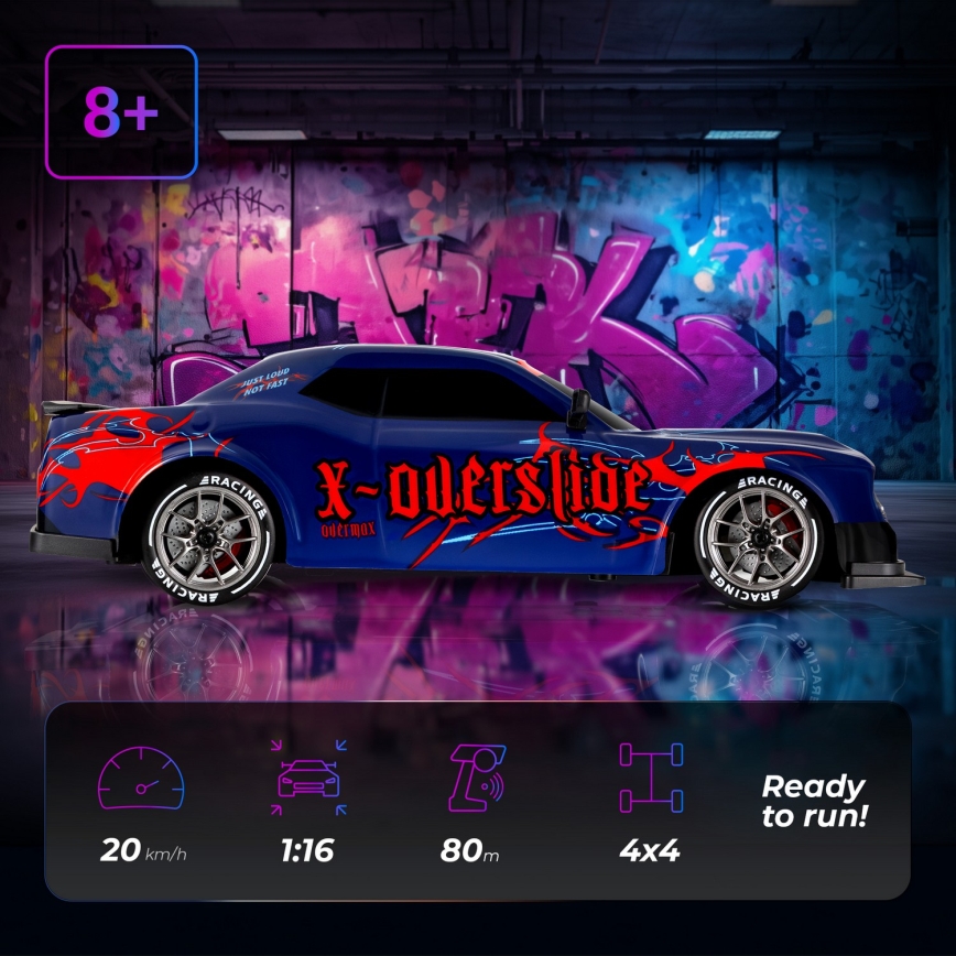 Overmax - carro de drift RC com controlo remoto X-OVERSLIDE 1000 mAh preto/verde/azul/vermelho
