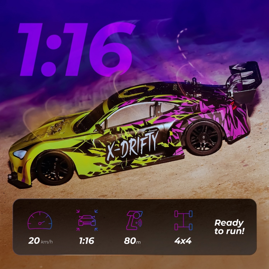 Overmax - carro drift RC com controlo remoto X-DRIFT 1000 mAh amarelo/roxo