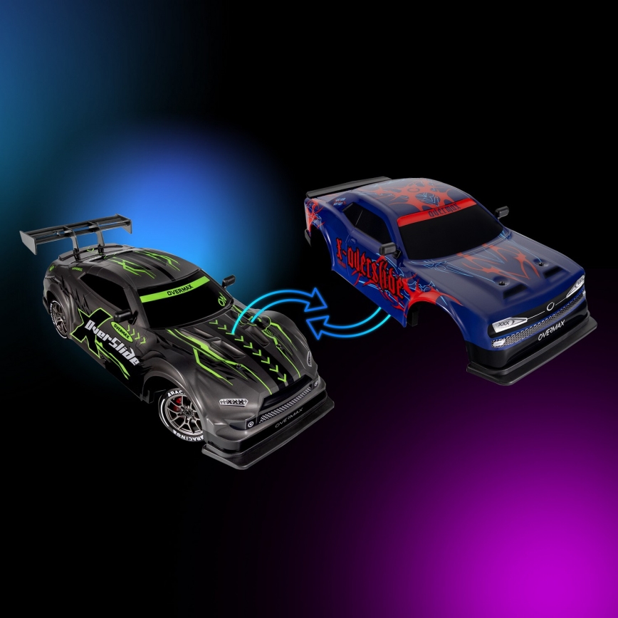 Overmax - Carro de drift RC 2 em 1 X-OVERSLIDE com comando remoto, 1000 mAh, preto/verde/azul/vermelho