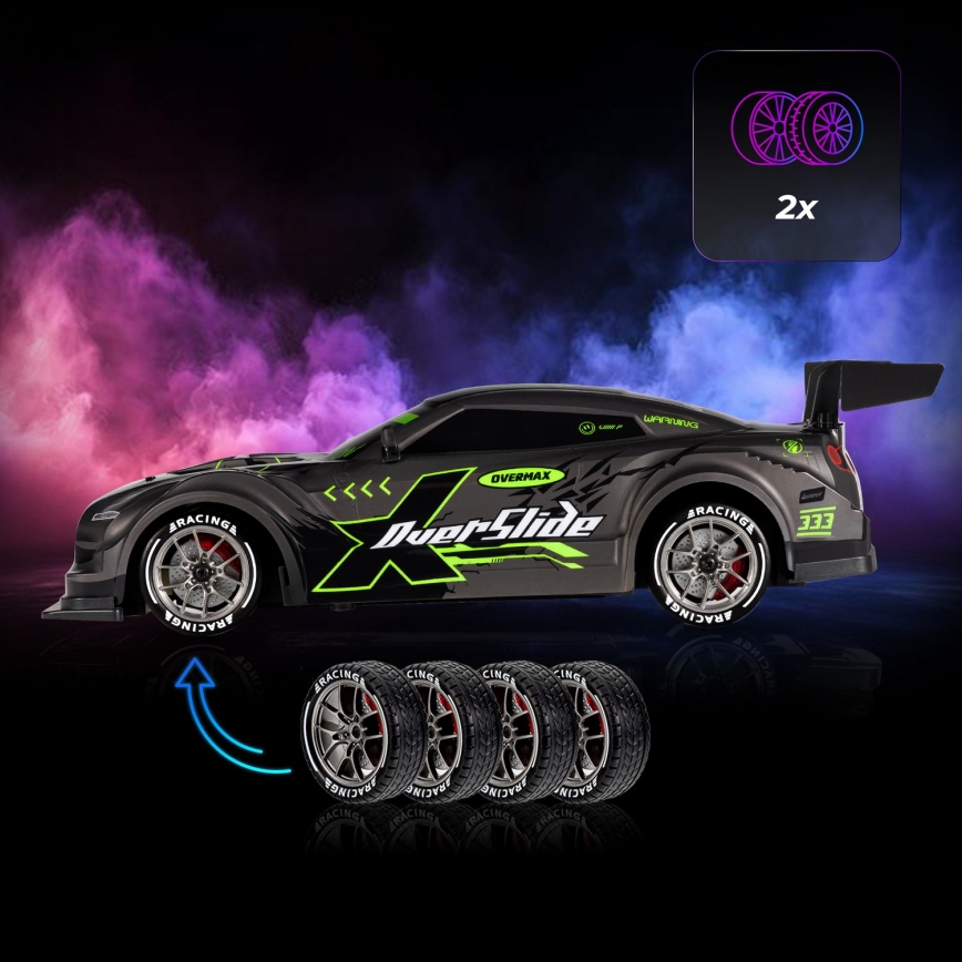 Overmax - Carro de drift RC 2 em 1 X-OVERSLIDE com comando remoto, 1000 mAh, preto/verde/azul/vermelho