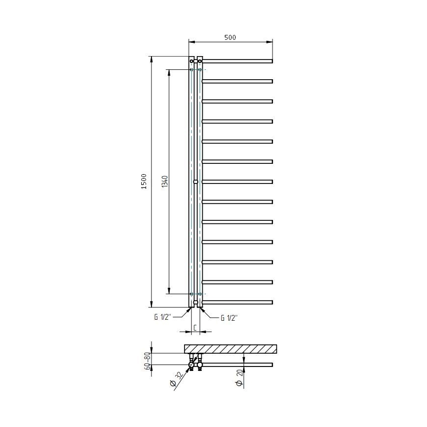 P.M.H. AP2C-L - Toalheiro aquecido para casa de banho APOLLO 219 W 150 cm, lado esquerdo/cromado brilhante