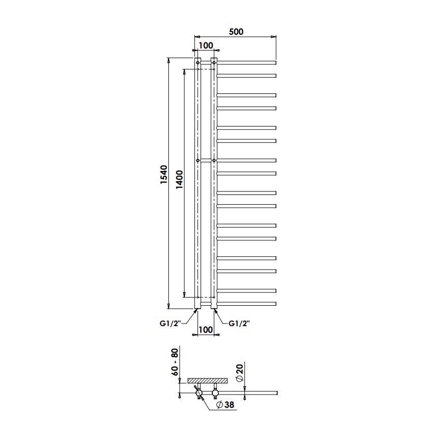 P.M.H. T2C-L - Radiador toalheiro para casa de banho THEIA 352W 154 cm esquerdo/cromado brilhante