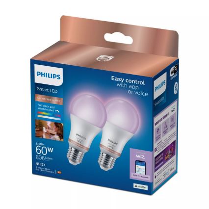 Pack de 2 lâmpadas LED RGB reguláveis Philips SMART A60 E27/8,5W/230V 2200-6500K