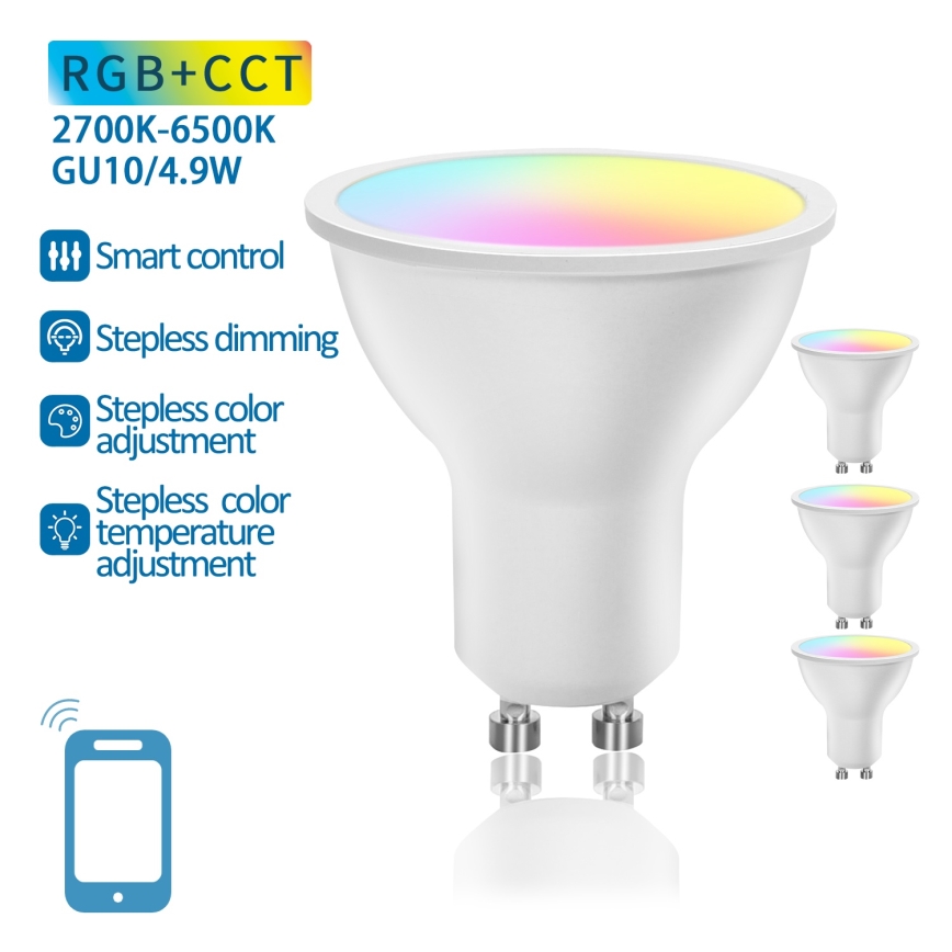 Pack 4x Lâmpadas LED RGBW Dimerizáveis Smart GU10/4,9W/230V 2700-6500K - Aigostar