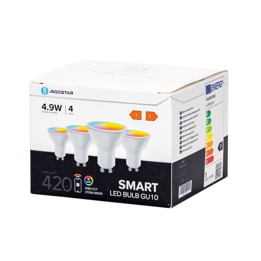 Pack 4x Lâmpadas LED RGBW Dimerizáveis Smart GU10/4,9W/230V 2700-6500K - Aigostar