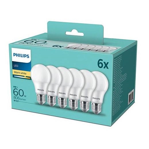 PACK 6x Lâmpadas LED Philips A60 E27/8W/230V 2,700K