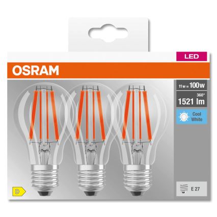 Pack com 3 lâmpadas LED BASE CLASSIC FILAMENT A60 E27/11W/230V 4000K - Osram