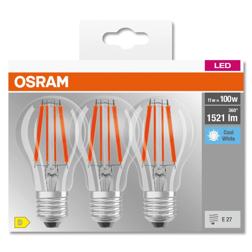 Pack com 3 lâmpadas LED BASE CLASSIC FILAMENT A60 E27/11W/230V 4000K - Osram