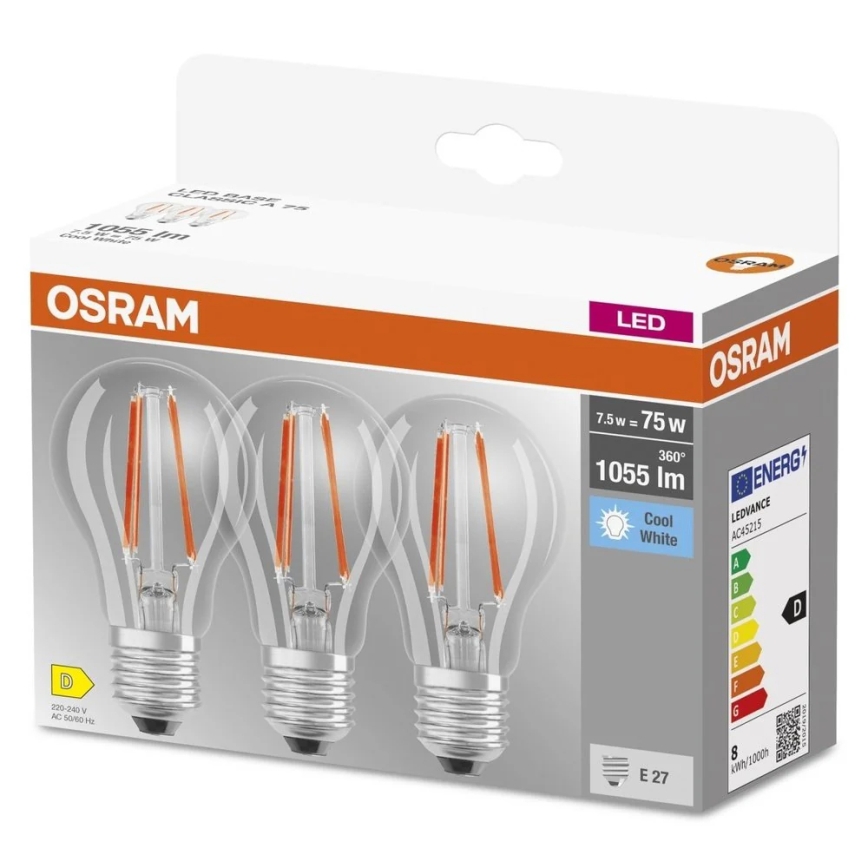 Pack com 3 lâmpadas LED Base Classic Filament A60 E27/7,5W/230V 4000K - Osram