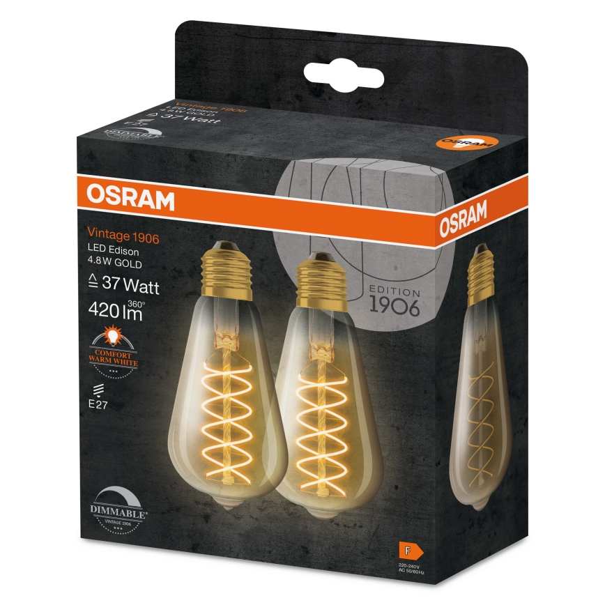 Pack de 2 lâmpadas LED dimerizáveis Filamento Vintage E27/7,8W/230V 1800K - Osram