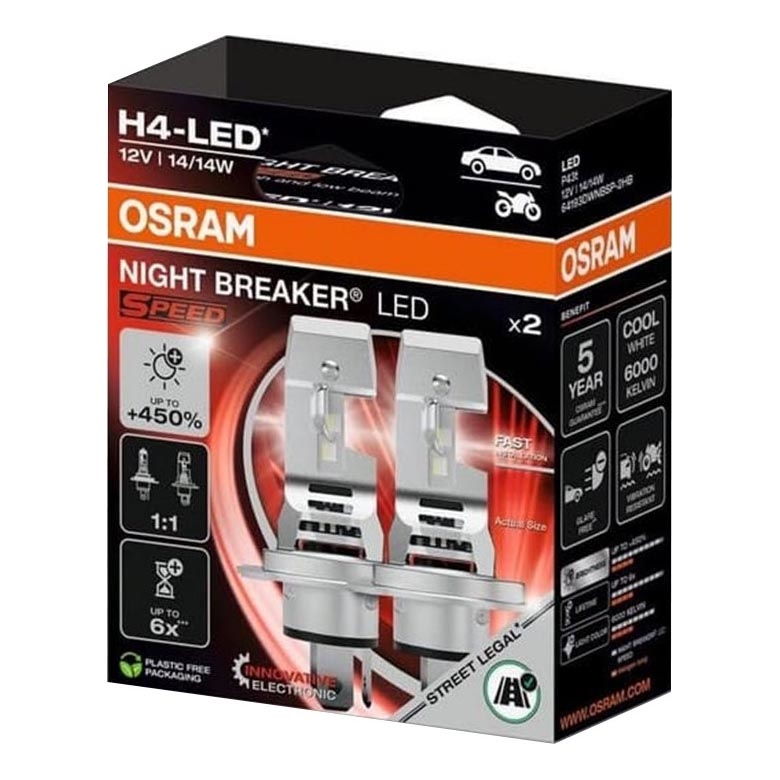 Pack de 2 lâmpadas LED para automóvel NIGHT BREAKER SPEED H4 P43T/14W/12V 6000K - Osram