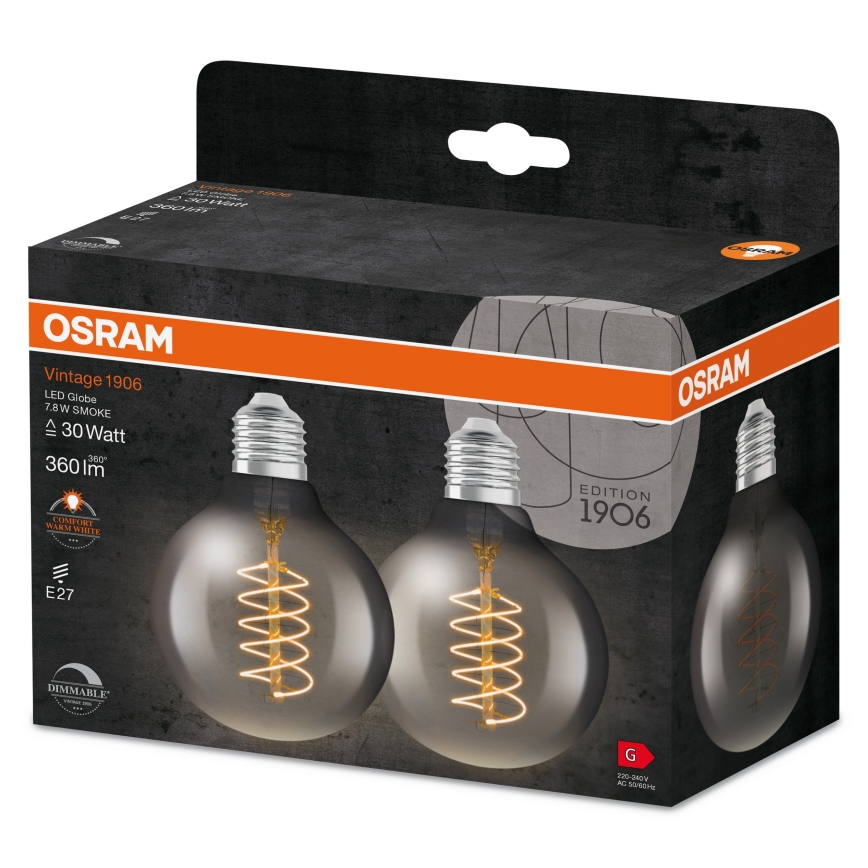 Pack de 2 lâmpadas LED reguláveis filamento vintage E27/7,8W/230V 1800K - Osram
