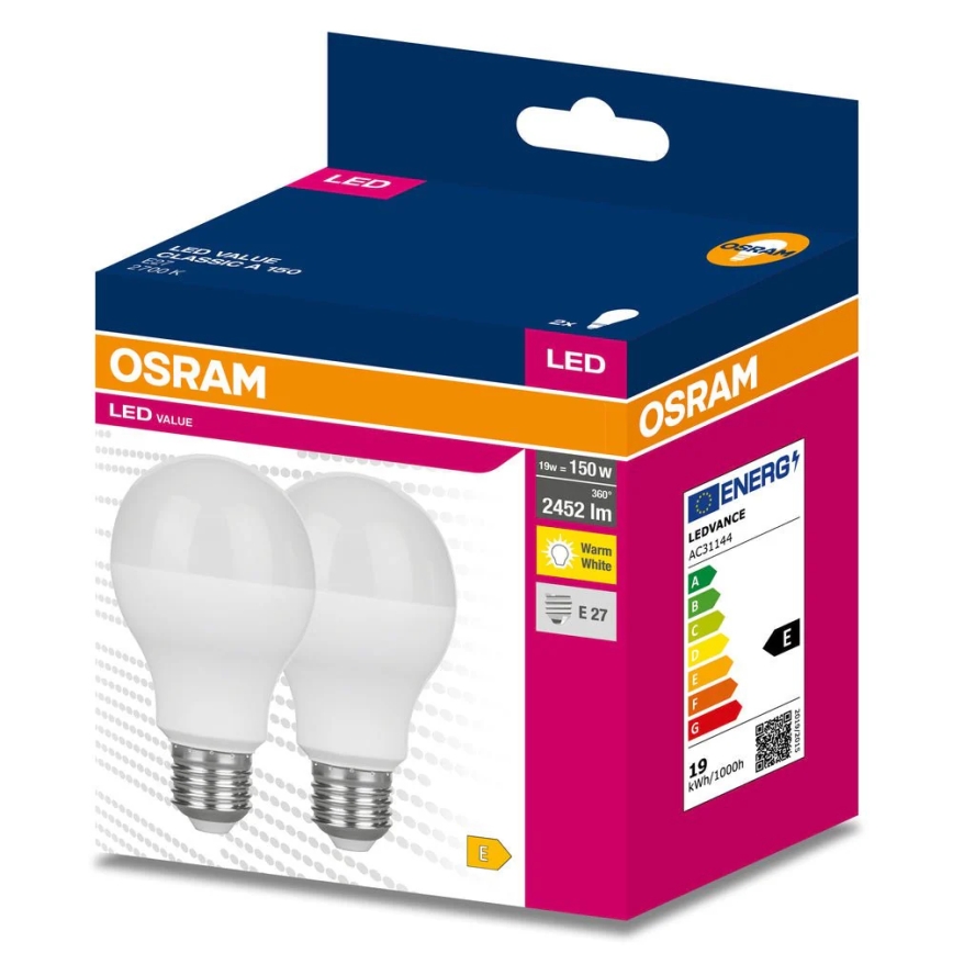 Pack de 2 lâmpadas LED VALUE CLASSIC E27/19W/230V 2700K - Osram