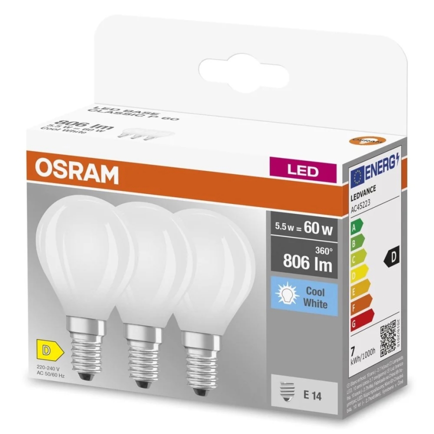 Pack de 3 lâmpadas LED BASE CLASSIC FILAMENT E14/5,9W/230V 4000K - Osram