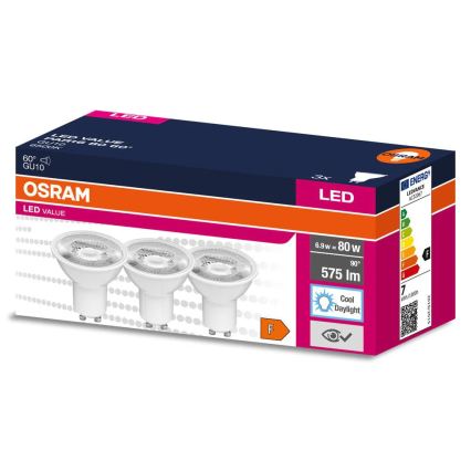 Pack de 3 lâmpadas LED refletoras PAR16 GU10/6,9W/230V 6500K 60° - Osram