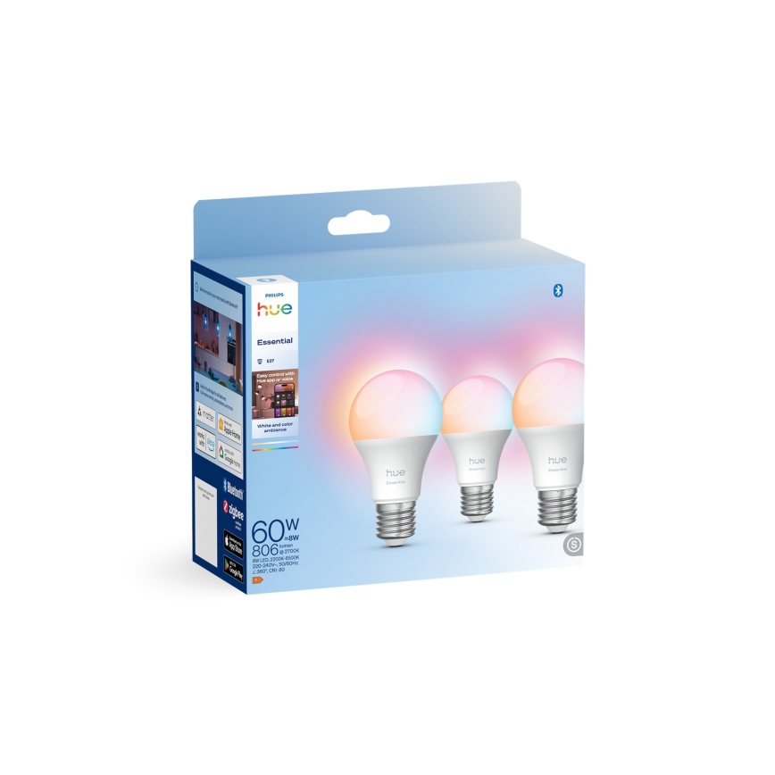 Pack de 3 lâmpadas LED reguláveis Philips Hue White and Color Ambiance Essential E27/8W/230V 2200-6500K