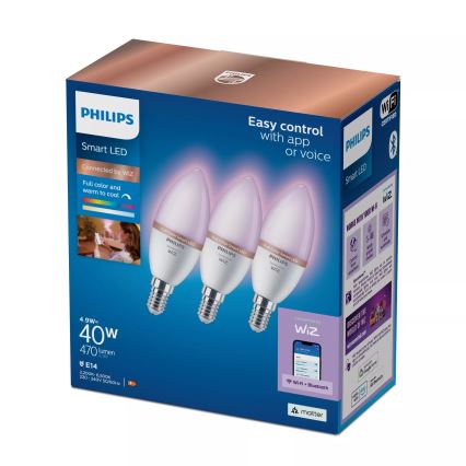 Pack de 3 lâmpadas LED RGB reguláveis Philips SMART C37 E14/4,9W/230V 2200-6500K IRC 90