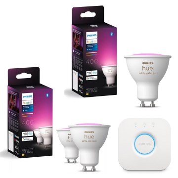 Pack de 3 lâmpadas LED RGBW dimerizáveis Philips Hue WHITE AND COLOR AMBIANCE GU10/4,2W/230V 2000-6500K + Hue bridge