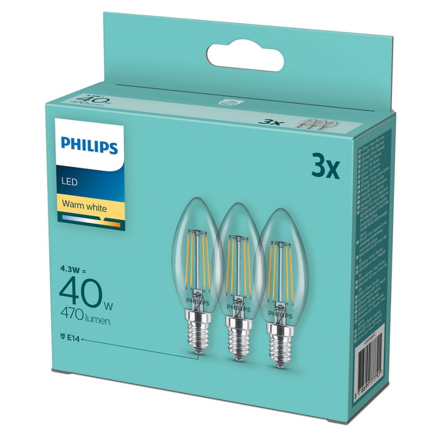 Pack de 3 lâmpadas LED Vintage Philips B35, soquete E14, 4,3 W, 230 V, 2700 K