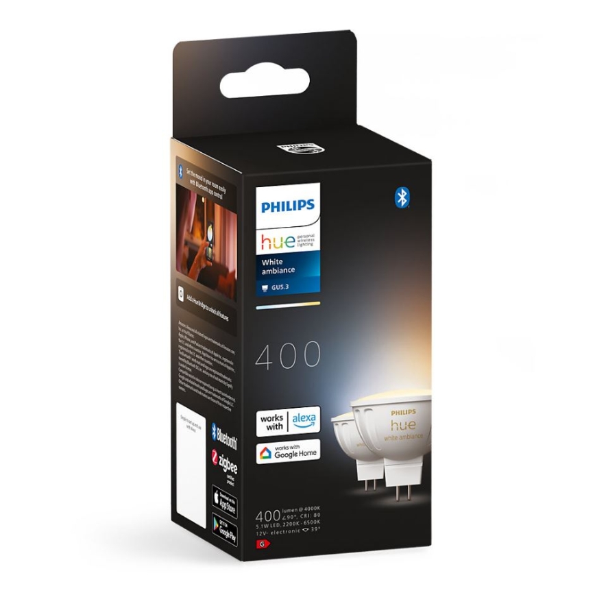 Conjunto de 4 lâmpadas LED reguláveis Philips Hue WHITE AMBIANCE GU5,3/MR16/5,1W/12V 2200-6500K