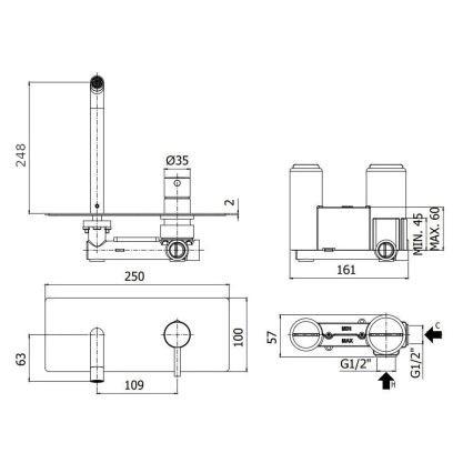 Paffoni - Misturador de lavatório LIGHT para instalação embutida, em aço inox