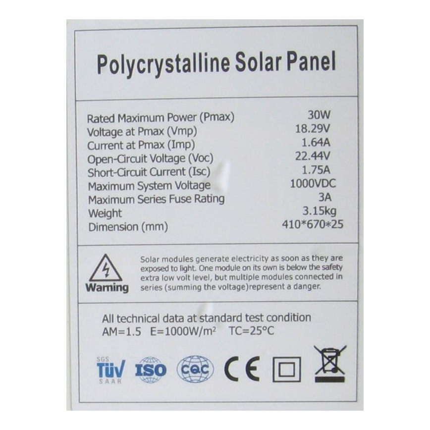 Painel solar fotovoltaico policristalino 30W/12V