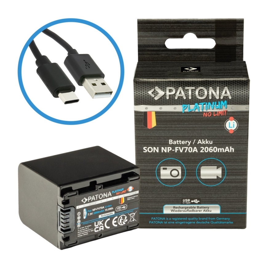 PATONA - Bateria Sony NP-FV70A 2060mAh Li-Ion Platinum USB-C carregamento