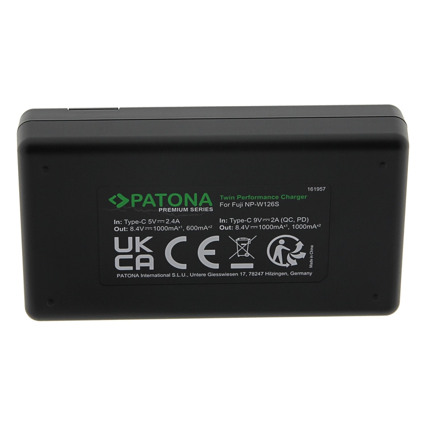 PATONA - Carregador Rápido Duplo para Fuji NP-W126 + cabo USB-C 0,6m