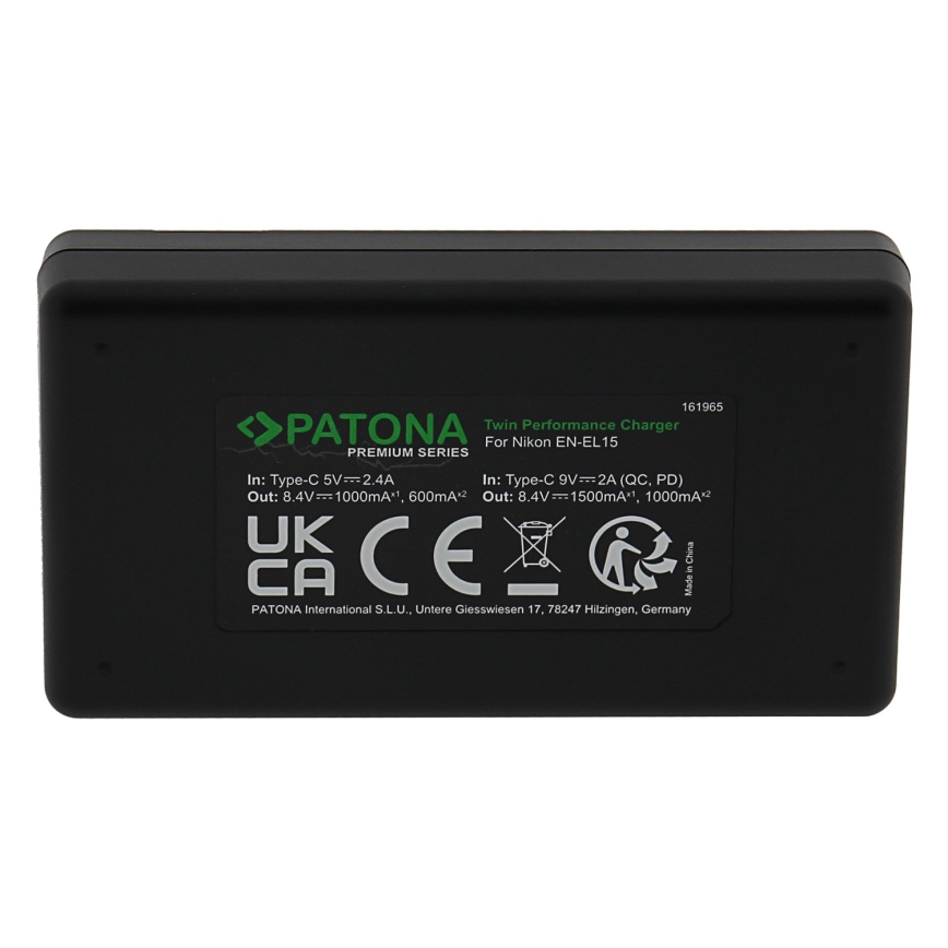 PATONA - Carregador rápido Dual Nikon EN-EL15/EN-EL15C + cabo USB-C 0,6m