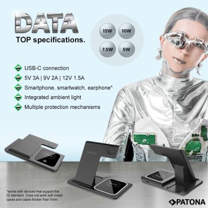 PATONA - Carregador sem fios 3 em 1 para iPhone preto