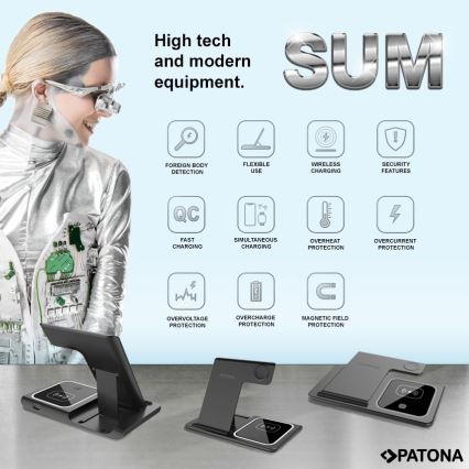 PATONA - Carregador sem fios 3 em 1 para iPhone preto
