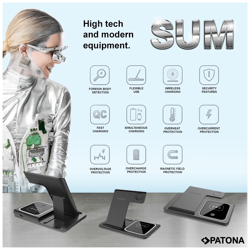 PATONA - Carregador sem fios 3 em 1 para iPhone preto