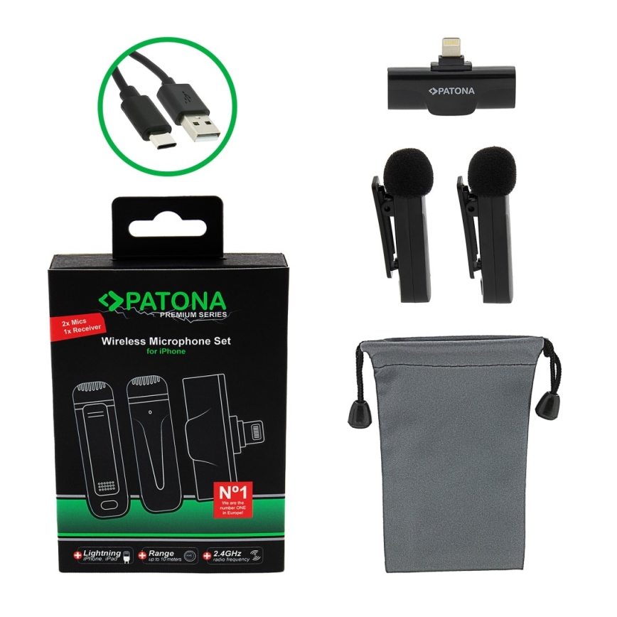 PATONA - CONJUNTO 2x Microfones sem fios com um suporte para iPhones USB-C 5V 50 mAh