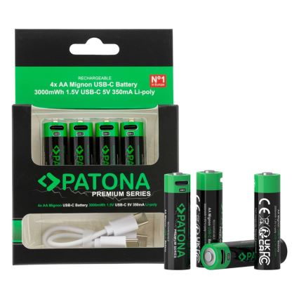 PATONA - CONJUNTO 4x Pilhas AA/LR6 Li-Pol 2000mAh 1,5Vs com USB-C carregamento