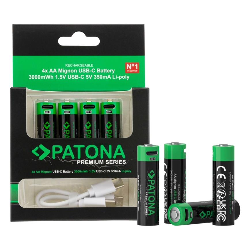PATONA - CONJUNTO 4x Pilhas AA/LR6 Li-Pol 2000mAh 1,5Vs com USB-C carregamento