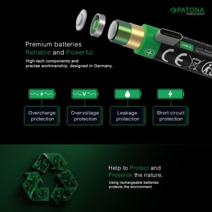 PATONA - CONJUNTO 4x Pilhas AA/LR6 Li-Pol 2000mAh 1,5Vs com USB-C carregamento