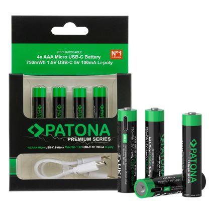 PATONA - CONJUNTO 4x Pilhas AAA/LR03 Li-Pol 500mAh 1,5V com USB-C carregamento