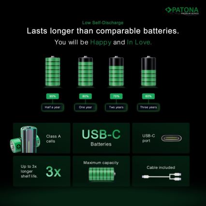 PATONA - CONJUNTO 4x Pilhas AAA/LR03 Li-Pol 500mAh 1,5V com USB-C carregamento